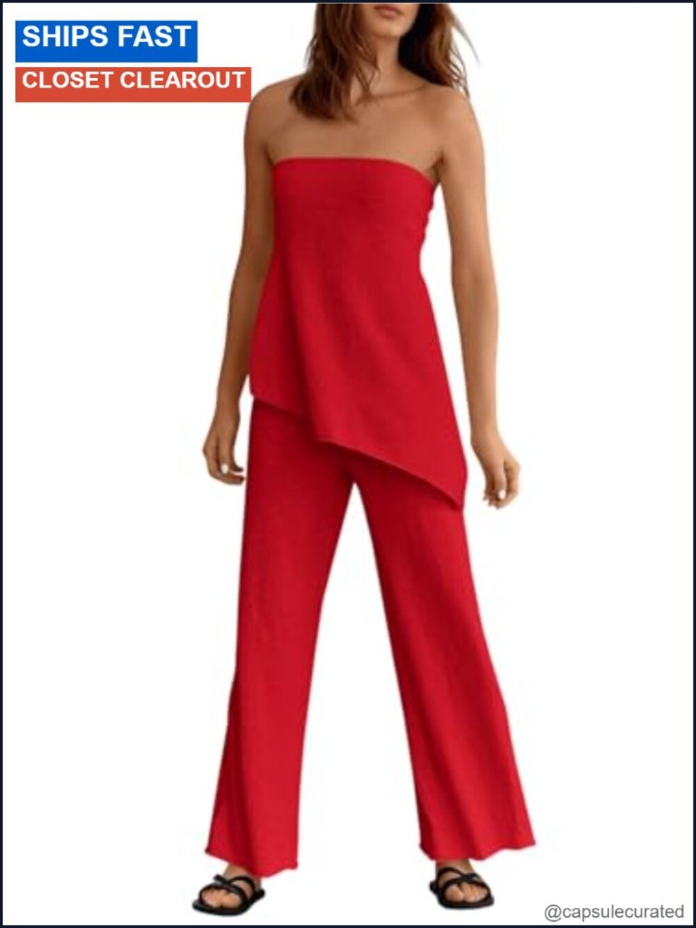 Knit 2 Piece Lounge Set Asymmetrical Tube Top Wide Leg Pants